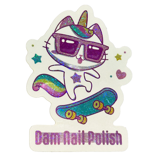 Skateboard Kitty Holographic Glitter Sticker - Dam Nail Polish