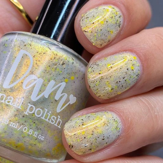 Lustrous Lightning - White Crelly - Yellow Glitter Nail Polish - Shimmer Nail Polish - Stormy Siblings Collection - Dam Nail Polish