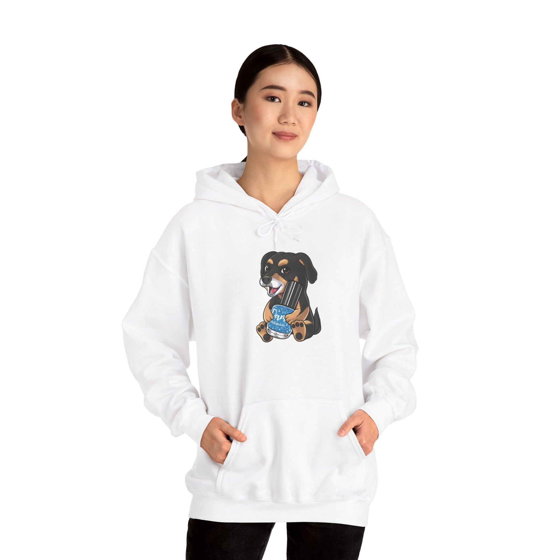 Snickers the Polish Loving Puppy -  Cute Dog Lover Sweatshirt - Unisex Heavy Blend™ Hooded Sweatshirt - Dam Nail Polish