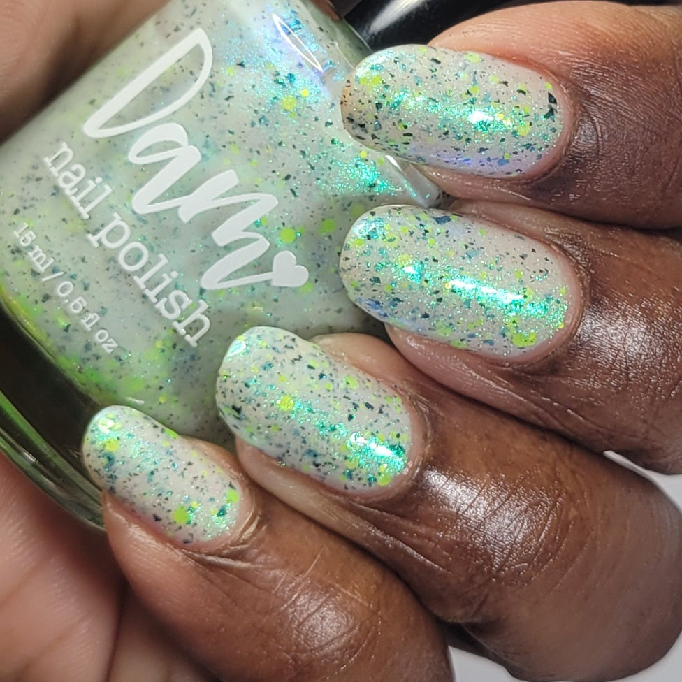 Twinkling Tornado - White Crelly - Green Glitter Nail Polish - Shimmer Nail Polish - Stormy Siblings Collection - Dam Nail Polish