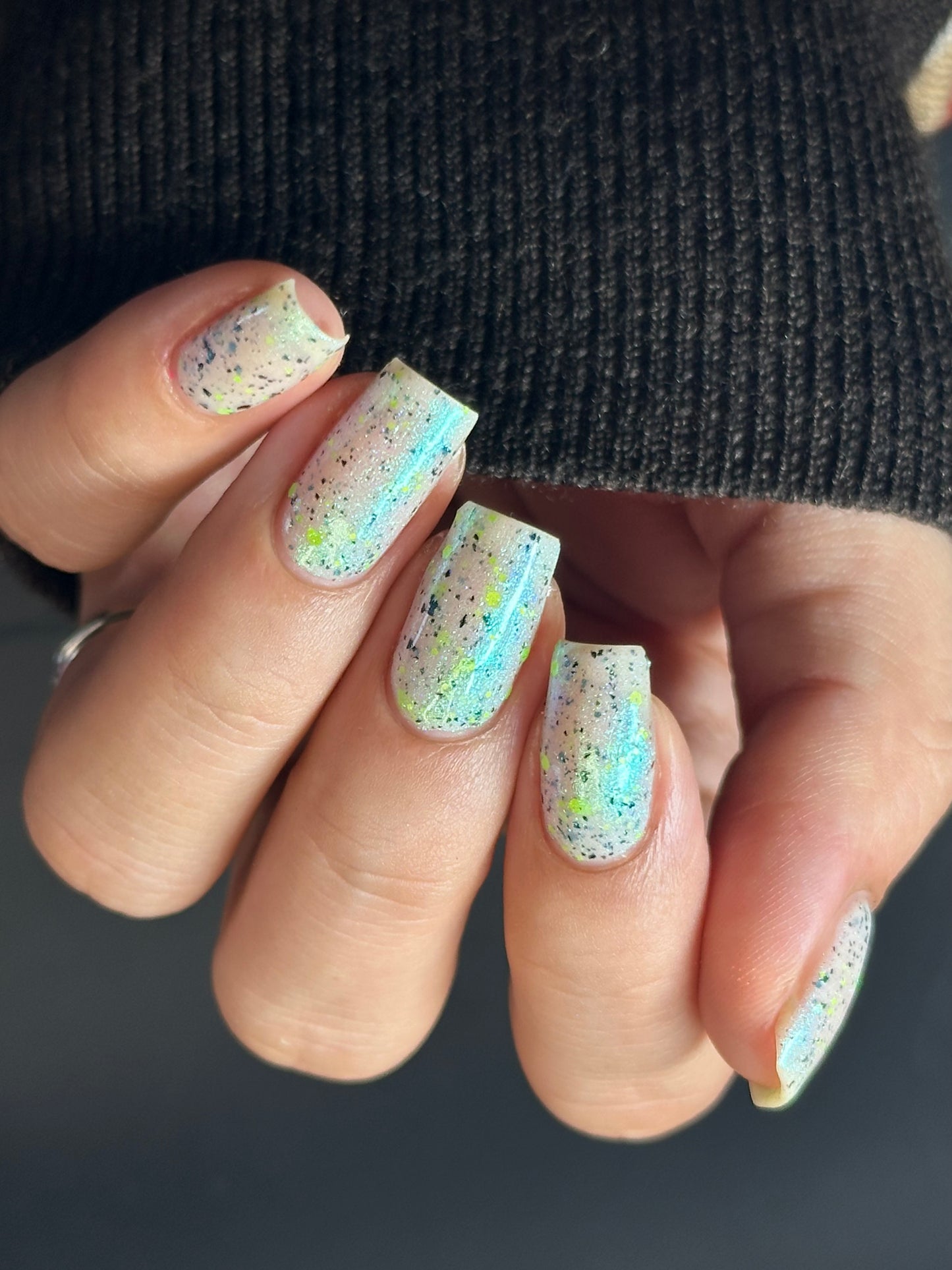 Twinkling Tornado - White Crelly - Green Glitter Nail Polish - Shimmer Nail Polish - Stormy Siblings Collection - Dam Nail Polish