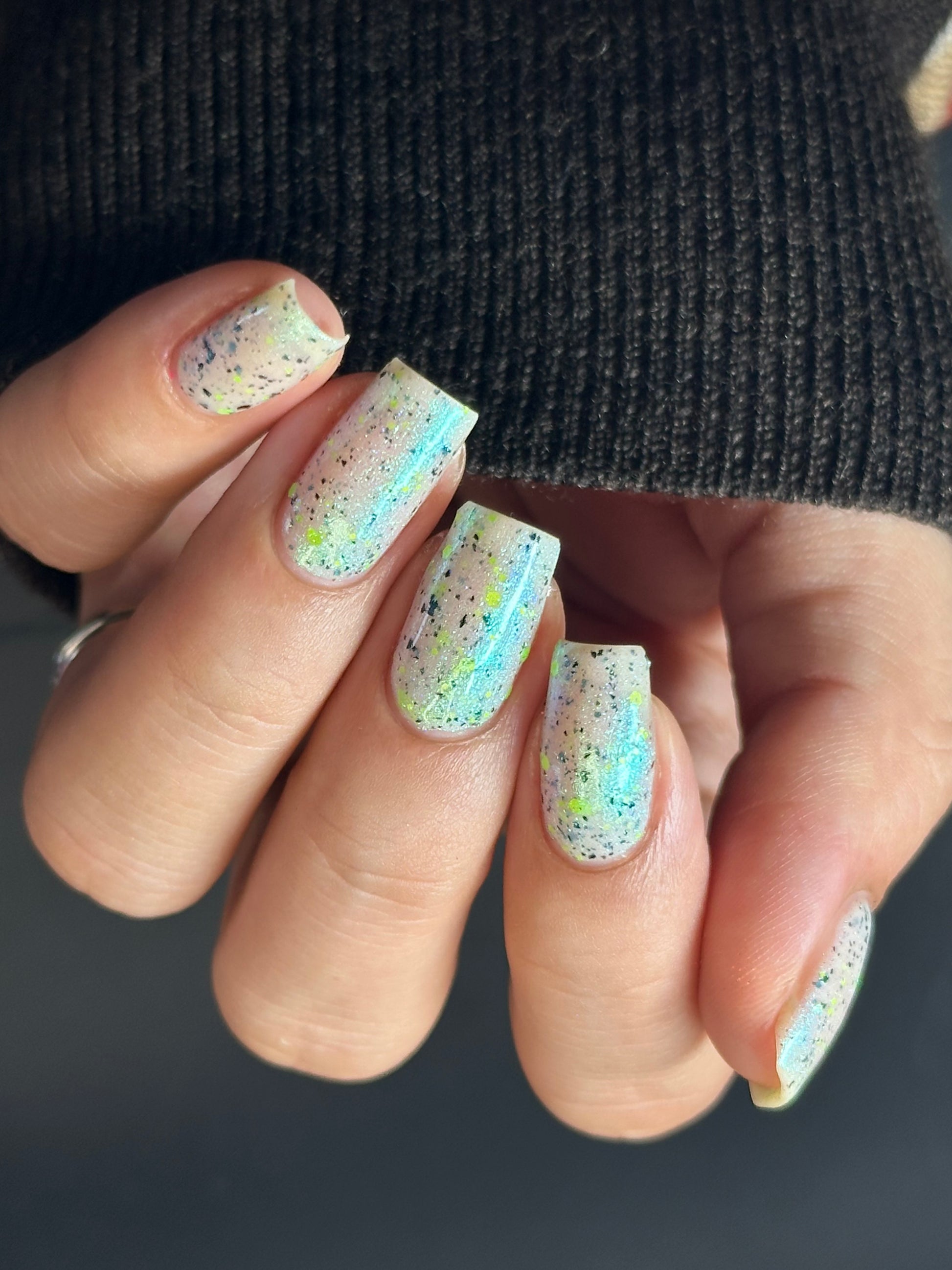 Twinkling Tornado - White Crelly - Green Glitter Nail Polish - Shimmer Nail Polish - Stormy Siblings Collection - Dam Nail Polish