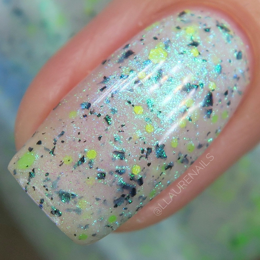 Twinkling Tornado - White Crelly - Green Glitter Nail Polish - Shimmer Nail Polish - Stormy Siblings Collection - Dam Nail Polish