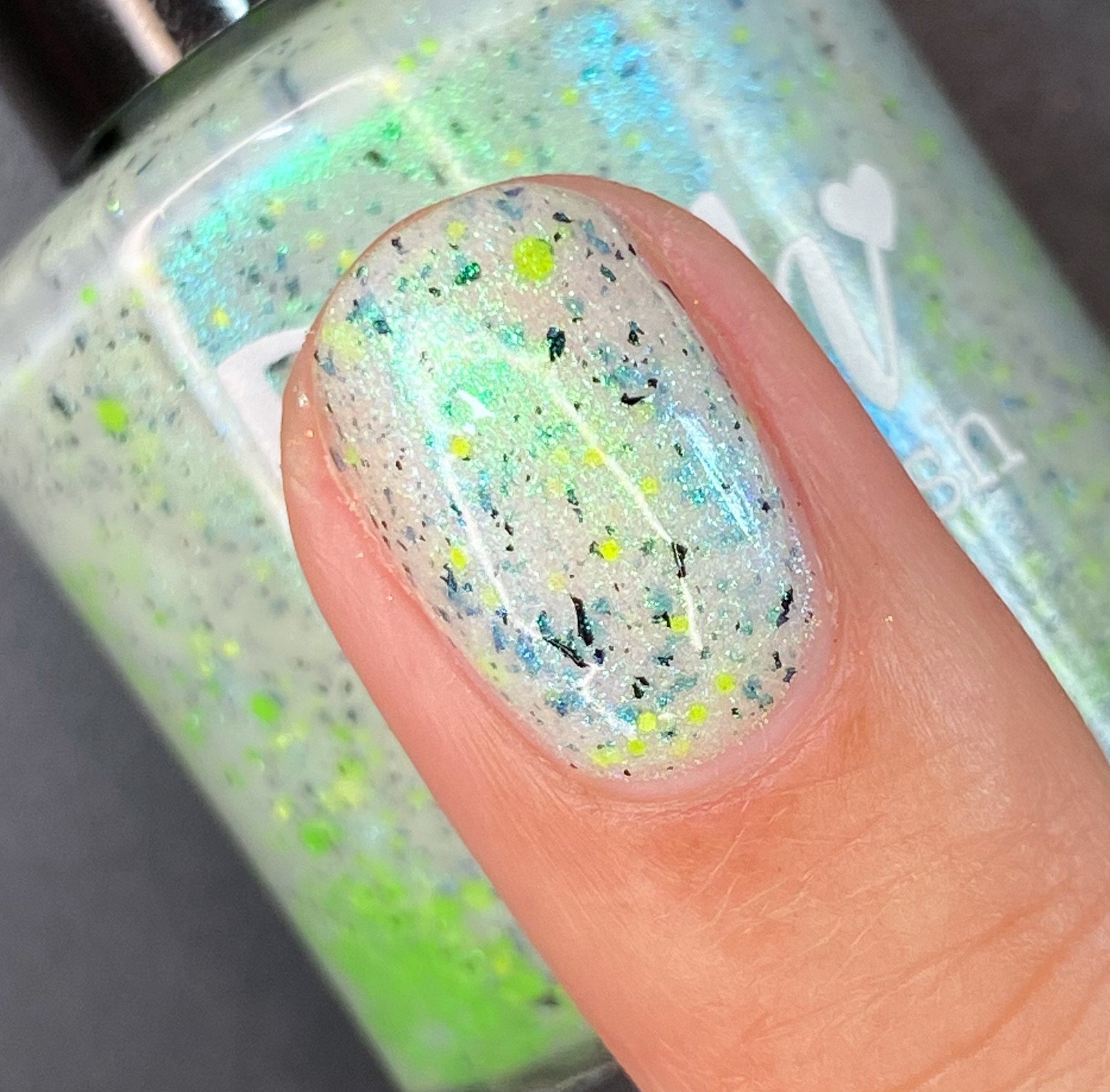 Twinkling Tornado - White Crelly - Green Glitter Nail Polish - Shimmer Nail Polish - Stormy Siblings Collection - Dam Nail Polish